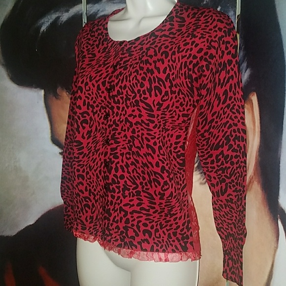 Too Fast Red Leopard Cardigan w Black Gothic Skull Lace Back Red Ruffle Trim - Picture 6 of 8